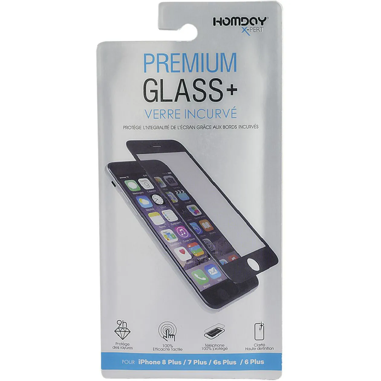 Verre trempé incurvé pour Iphone 6 Plus, 6S Plus, 7 Plus et 8 Plus transparent et noir