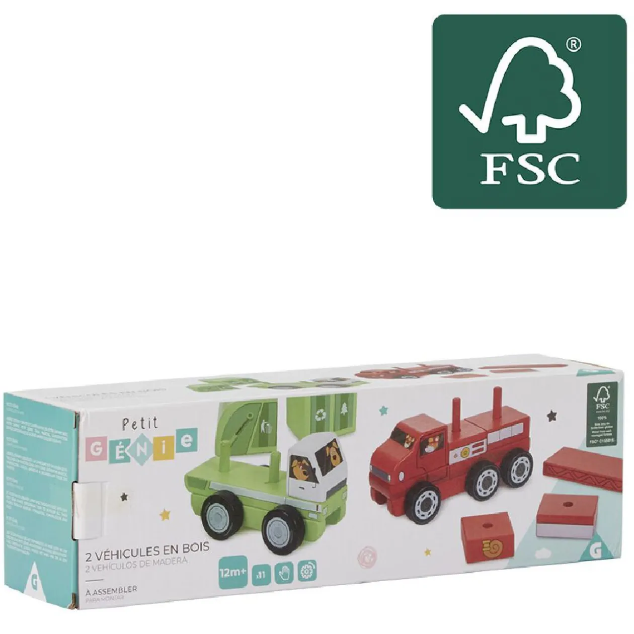 Véhicule à assembler en bois certifié FSC® x2 - camion de pompier et de poubelle