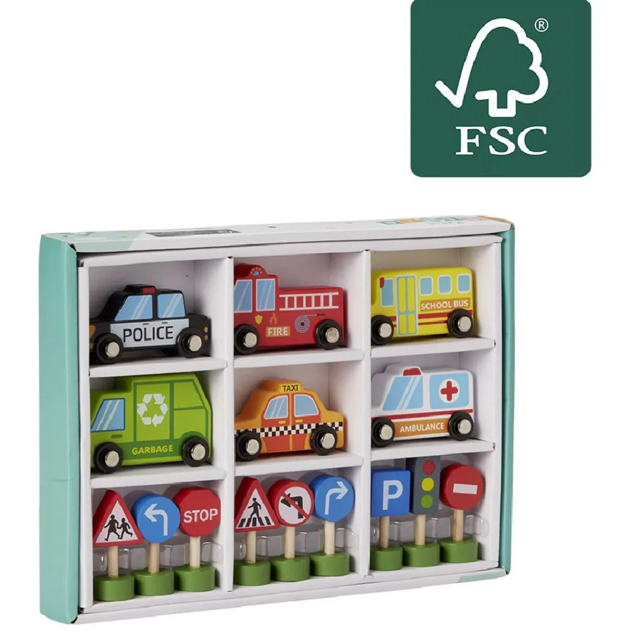 Véhicules et panneaux de signalisation en bois certifié FSC® 15 pièces